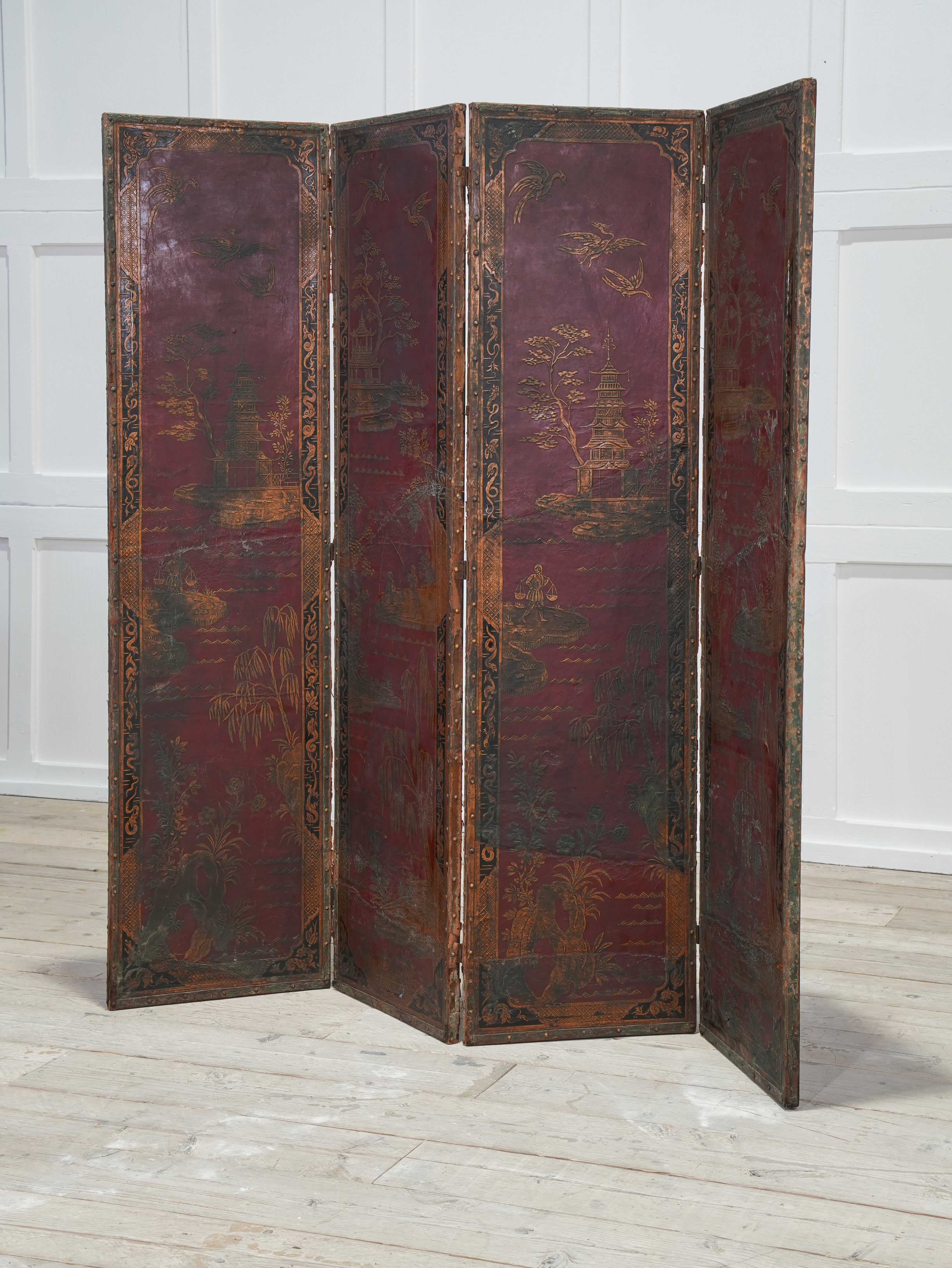 A 19th Century Leather Chinoiserie Room Screen