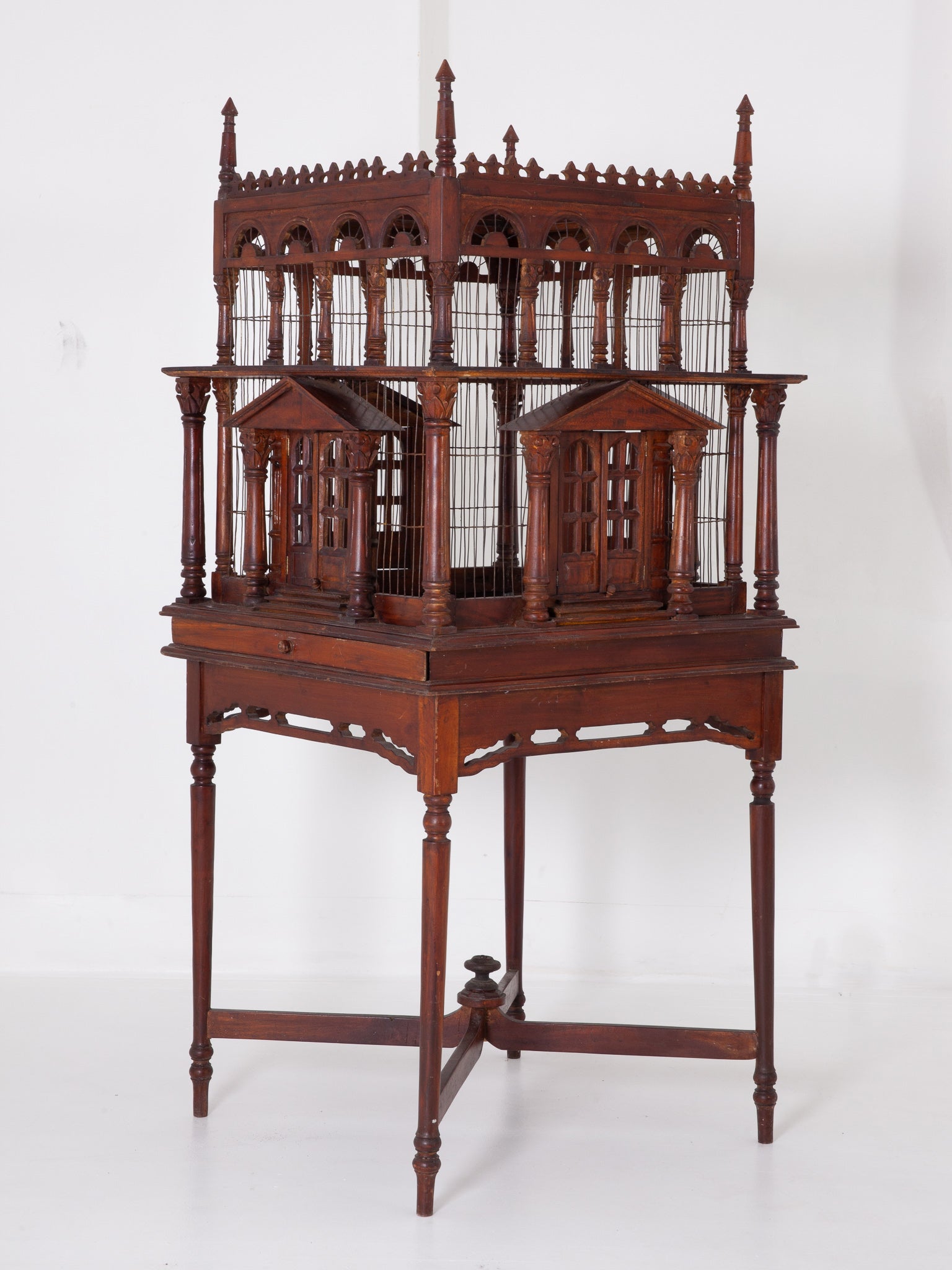 Large Victorian Style Carved Wood Bird Cage on Table Stand at