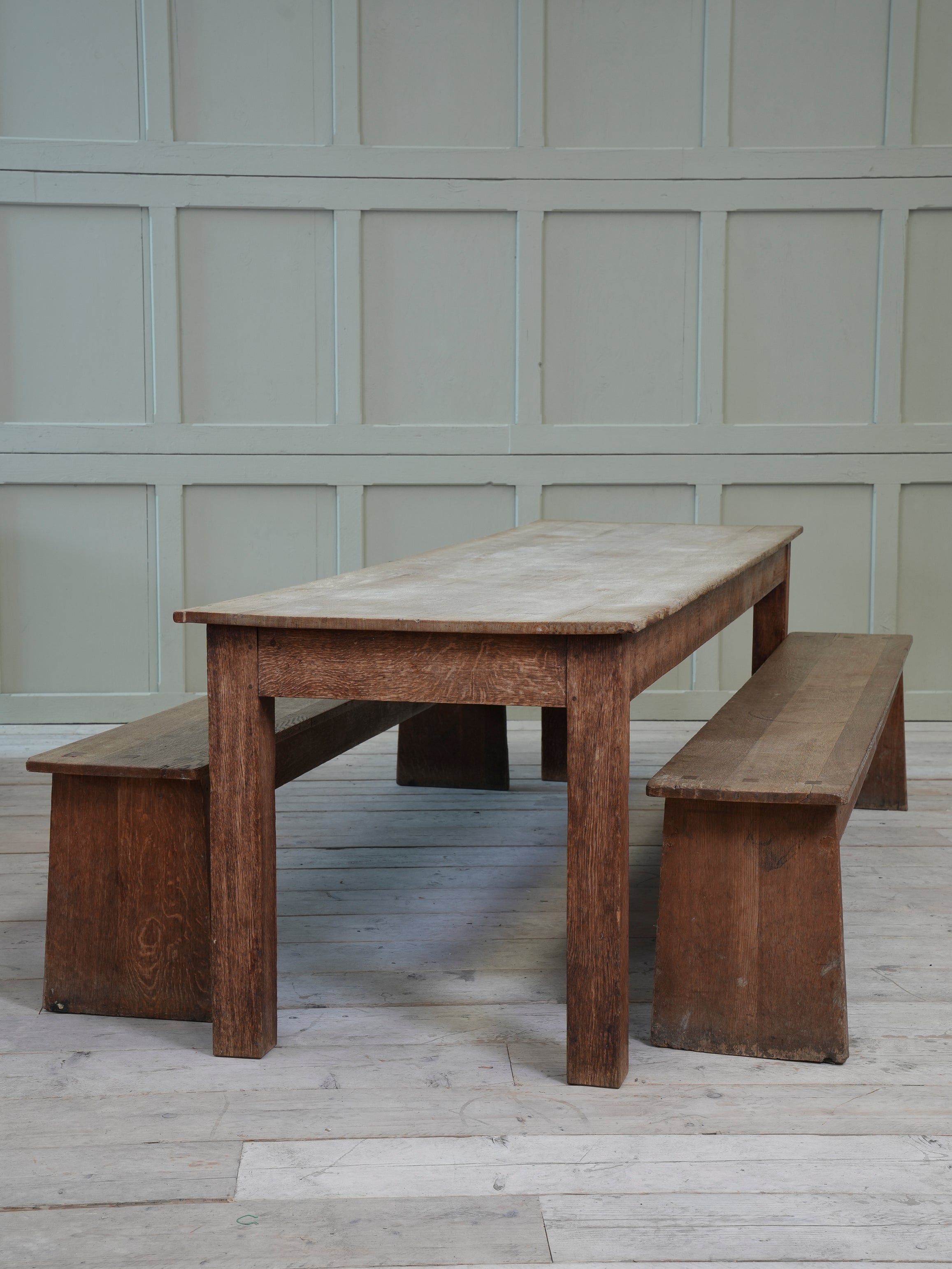 Arts & Crafts Oak Refectory Table With Short Benches