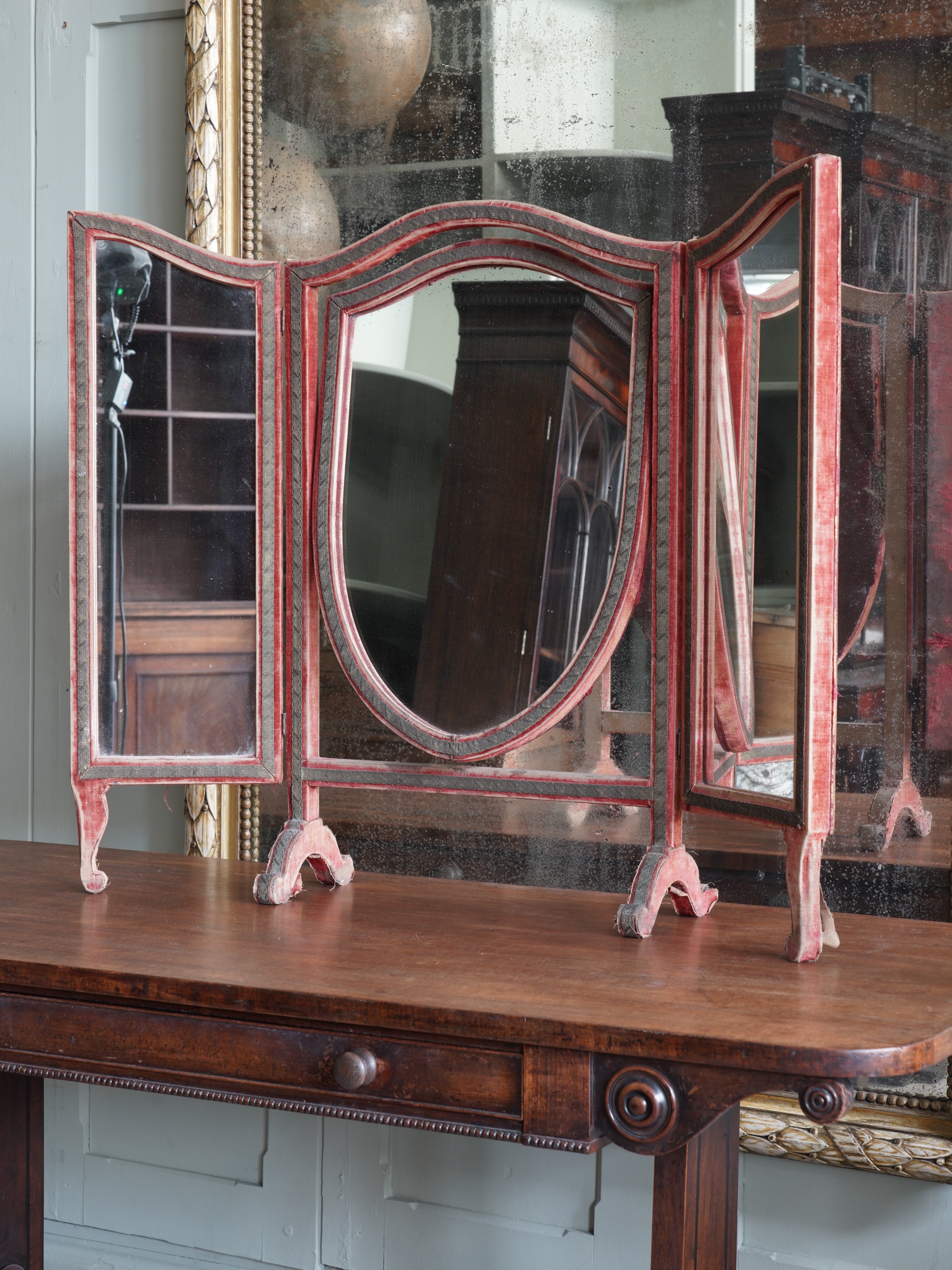 Early 19th Century Velvet Triptych Mirror